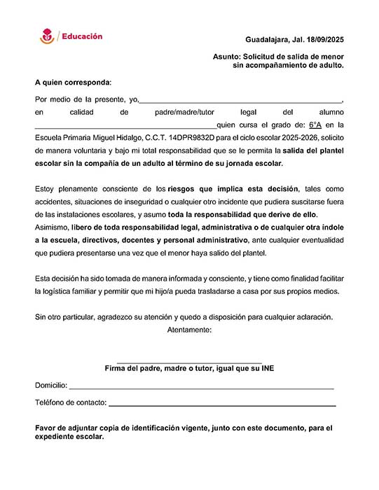 Solicitud para dejar ir solo a un menor sin acompañamiento de un adulto
